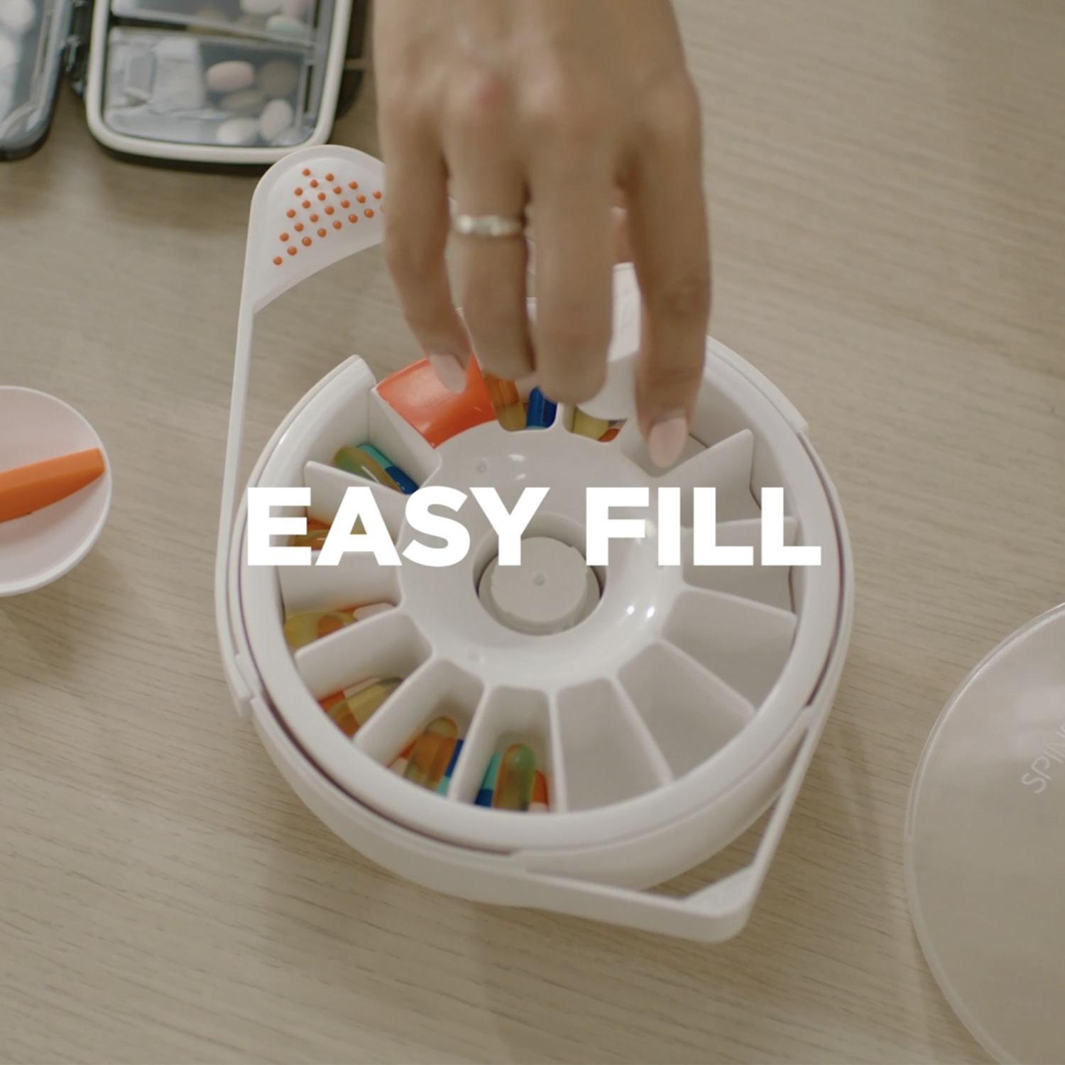 SPINDO - Fullicon Quick Fill Pill Dispenser Hanging on The Wall, Convenient Pill Dispenser with Easy Press Open Design, Large Capacity for Home & Office