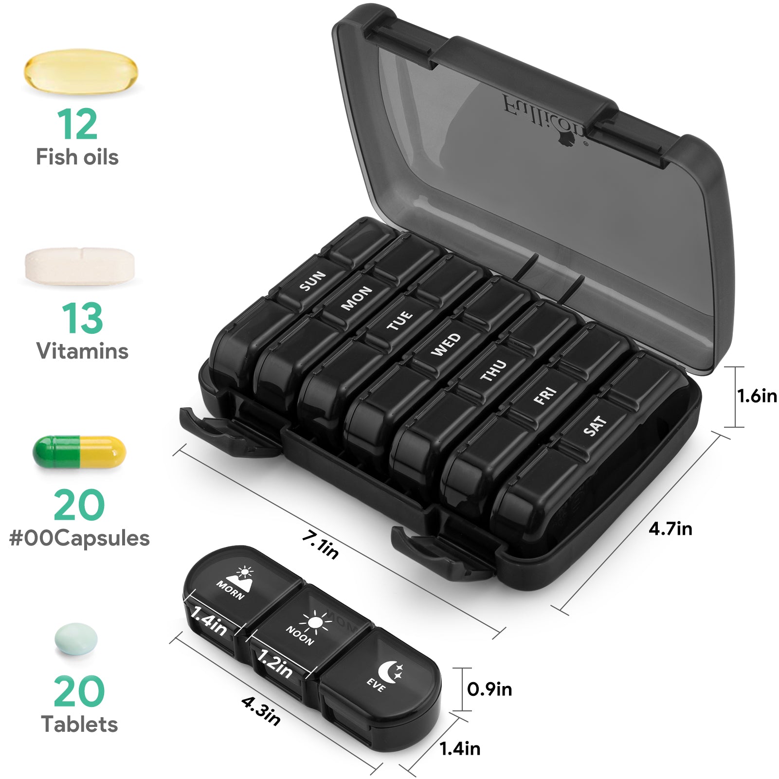 Travel Pal 3 Times a Day Extra Large Weekly Pill Case 7 Day, XL Daily Pill Box with 21 Compartments, Pill Dispenser Supplement Holder for Pills/Vitamin/Fish Oil Black Fullicon
