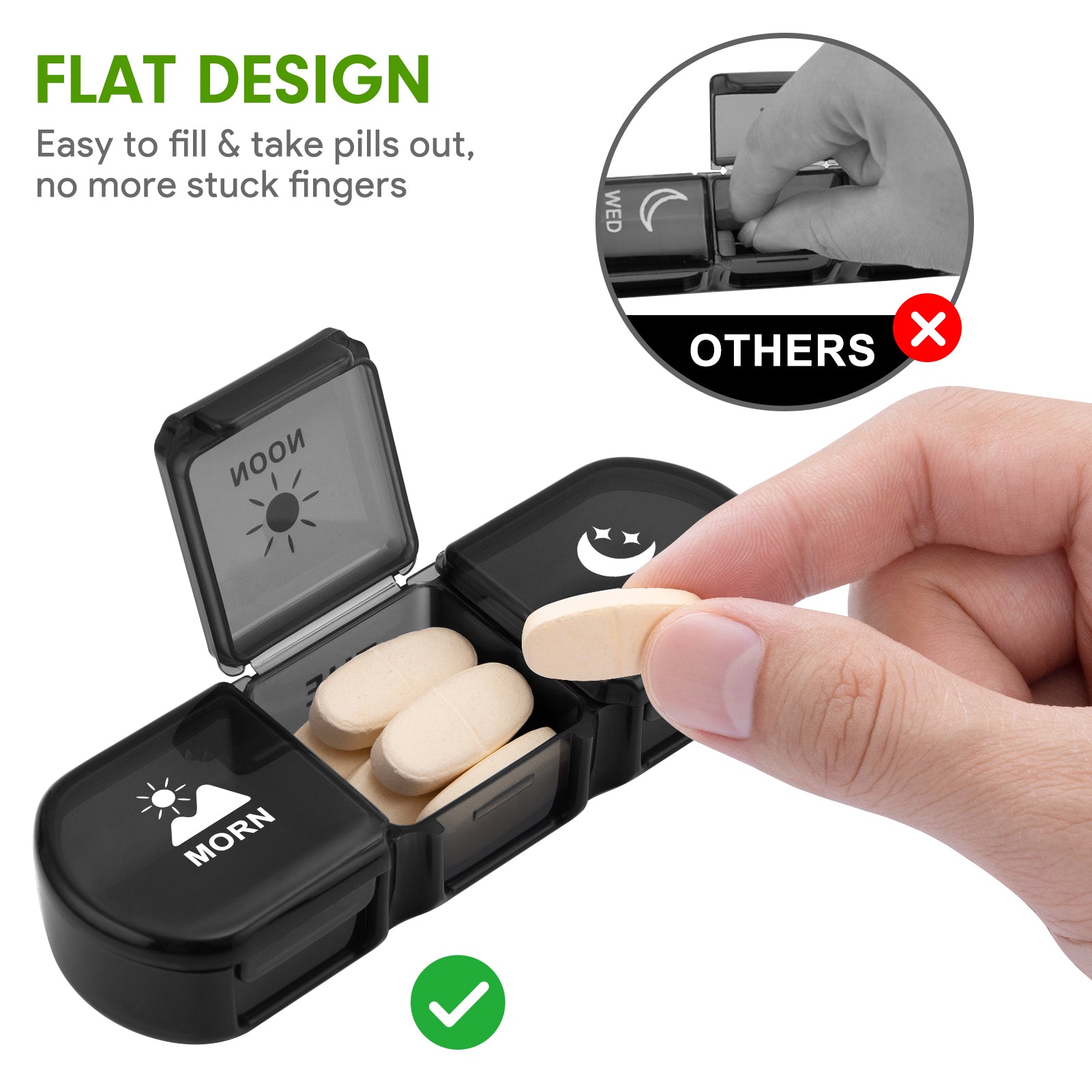 Travel Pal 3 Times a Day Extra Large Weekly Pill Case 7 Day, XL Daily Pill Box with 21 Compartments, Pill Dispenser Supplement Holder for Pills/Vitamin/Fish Oil Black Fullicon